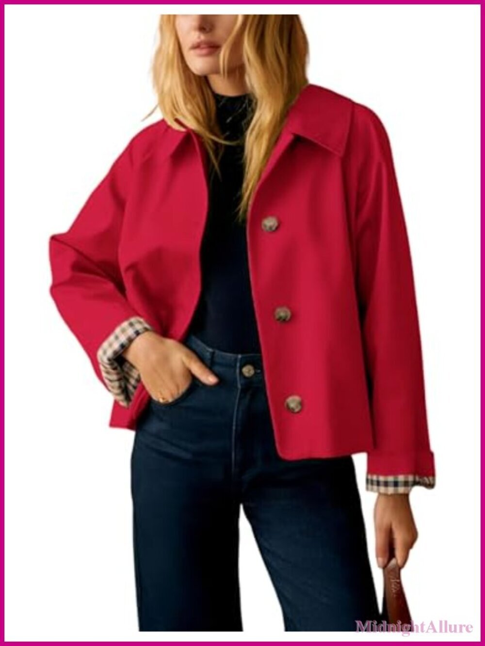 Oversized Crop Trench Coat with Plaid Lining 3/4 Sleeve Button Down